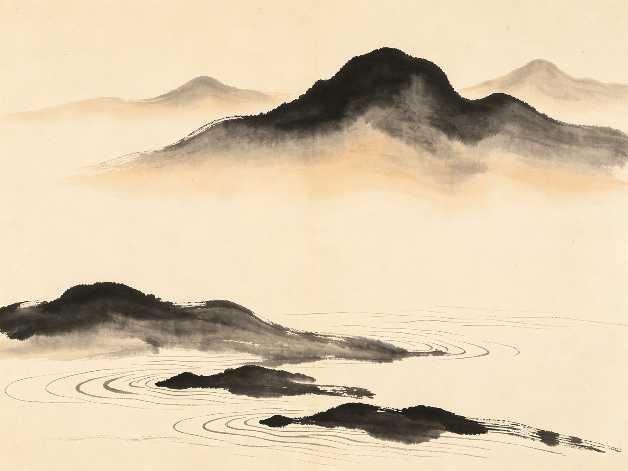 中国水墨画抽象山水，浓淡墨色，大面积留白
